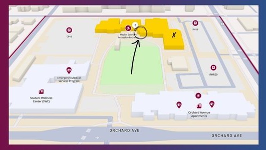 Map of directions to Health Sciences building on CMU Main Campus
